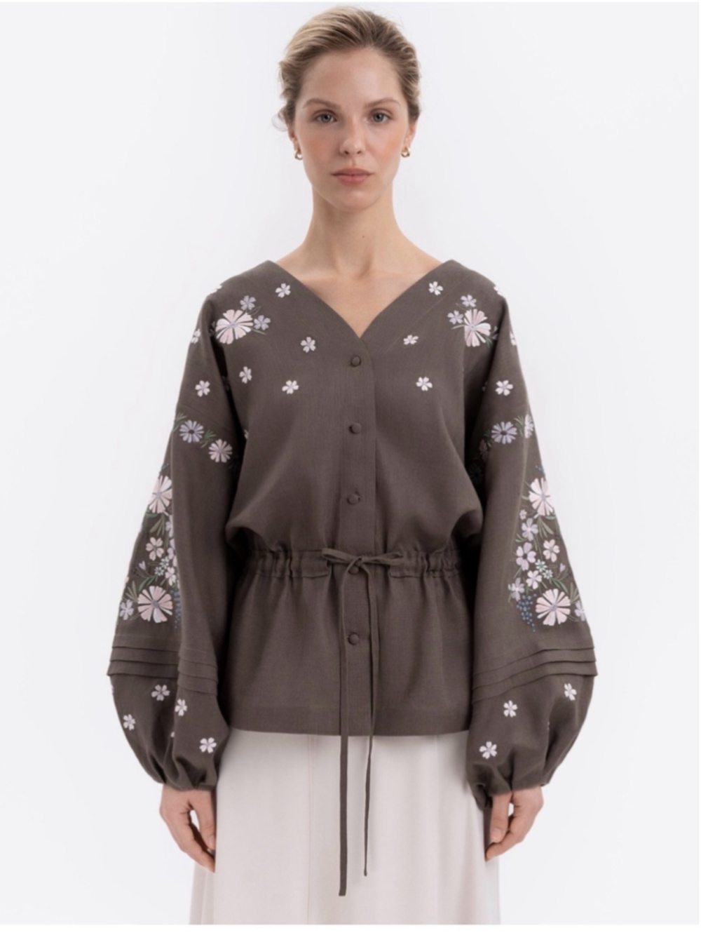 ETNODIM Embroidered Drawstring Peasant Top - Brown with Pastel Floral